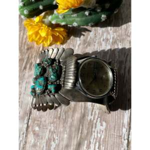 Arthur J Williams Vintage Turquoise & Sterling <b>Silver</b> Watch <b>Cuff</b> <b>Bracelet</b> Fashionable Vintage <b>Bracelet</b> - Product Image 2