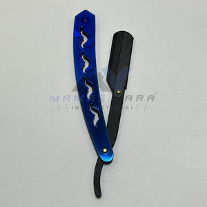 Rasoir droit en acier inoxydable avec logo personnalisé, manche pliable bleu, couteau à raser à lame oscillante avec support de lame à verrouillage - Product Image 2