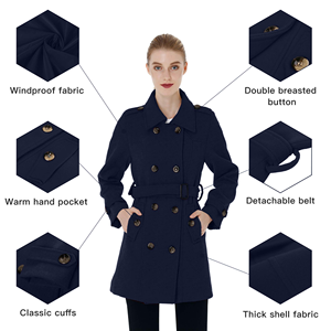Manteau long élégant pour femme en mélange de laine couleur unie avec bordure en fourrure, 100 % duvet, chaud, pour l'hiver - Product Image 4