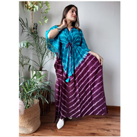 Robe Kaftan sur mesure artisanale en dentelle léopard tie-dye écologique avec boutons - Denim doux contrastant et cordon de serrage vintage