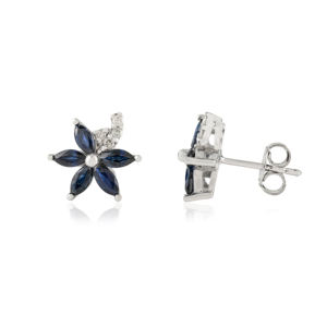 Boucles d'oreilles en argent pur S925 de luxe, petites clous floraux taille marquise saphir bleu, look tendance - Product Image 3