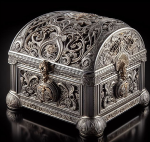 Joyero de metal adornado, diseño intrincado, acento de piedra azul. Recuerdo decorativo, disponible a precios mayoristas. - Product Image 6