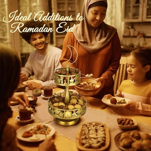 Élégant plateau de service rond en or à 2 niveaux, parfait pour le décor du Ramadan, support à desserts, centre de table de l'Aïd et affichage à la maison - Product Image 3