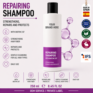 Champú Reparador con Biotina de Marca Privada 250ml OEM |   Champú Reparador para Cabello, Fortalecedor y Voluminizador, para Puntas Abiertas |   España UE - Product Image 1
