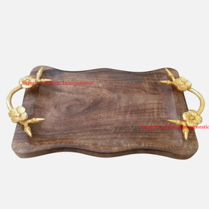 Plateau en bois brun de qualité supérieure avec poignée d'accent de feuille d'or plateau de service de nourriture décoratif de cuisine fournitures d'hôtel et d'événements - Product Image 3