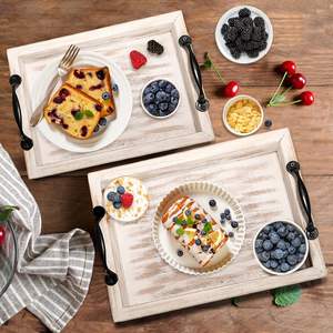 Set <b>of</b> 2 Rustic Farmhouse Wooden Serving Tray with Handles, <b>Nesting</b> <b>White</b> Decorative Trays for Coffee <b>Table</b> Ottoman Kitchen Bed - Product Image 2