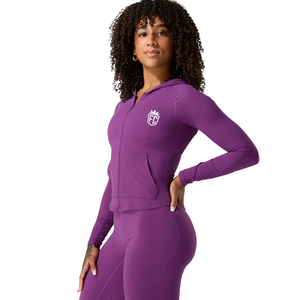Haut de sport ajusté à manches longues pour femme, veste à capuche zippée violette extensible pour la gym, l'entraînement et le yoga - Product Image 2