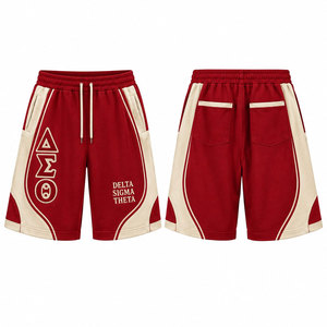 Delta Sigma Theta <b>Red</b> Cotton <b>Shorts</b> With Cream Trim Front Logo Drawstring Waist Casual Style - Product Image 1