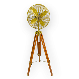 Ventilateur électrique sur pied avec trépied en bois de style londres pour la marine royale-Cage circulaire en laiton - Product Image 1