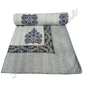 Customized Wholesale Lot Mughal Print Soft Quilt Set Throw Blanket Bedspread Bed Cover 100 Cotton Queen Size Kantha Reversible