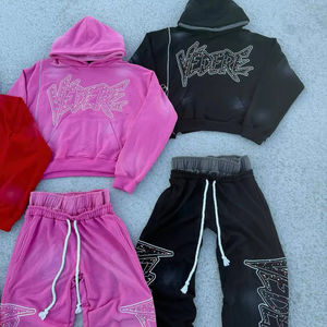 Chándal personalizado de doble cintura, Sudadera con capucha y pantalones de chándal acampanados apilados, conjunto de chándal holgado de gran tamaño para hombre - Product Image 1