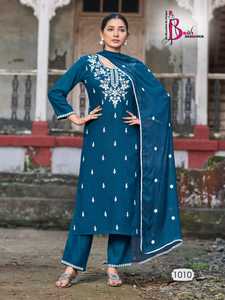 Incroyable robe de style moderne haute sur demande en rayonne lourde pantalon Kurti & Dupatta avec broderie fabrication indienne à vendre - Product Image 4