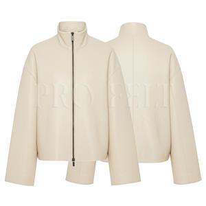 Veste en cuir véritable surdimensionnée à la mode et à la mode Logo personnalisé Col haut Manches larges Coupe courte Veste à fermeture éclair complète - Product Image 3