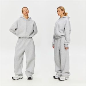 Survêtement pour femme en molleton 100% coton lourd, marron, décontracté d'automne, antibactérien, design 2 en 1, fermeture à cordon de serrage à capuche - Product Image 2