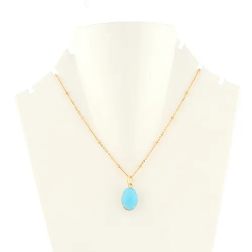 Top Simple Style Faceted Oval Sky Blue Chalcedony Prong Set Statement Pendant Necklace Gold Plated Beaded Chain Present For Her