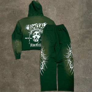 Custom Streetwear Printed <b>Rhinestone</b> Tracksuit Acid Wash Heavyweight 100% Cotton Joggers Flared Sweat Suit Hoodie Sets for - Product Image 2