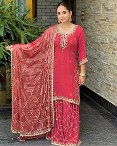 Pakistan Designer Fully Readymade 3 <b>Pc</b> Kurta Sharara <b>Set</b> Embroidered Salwar Kameez for Party Wear Traditional Style Pitch Color - Product Image 3
