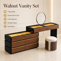 Ensemble de coiffeuse moderne en chêne sur mesure, table de maquillage de luxe pour chambre à coucher avec miroir éclairé, tabouret et tiroirs de rangement pour hôtel et villa