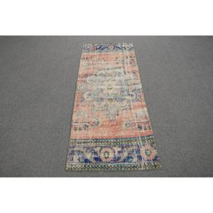 Alfombra Vintage de 2.2x5.4 pies, Alfombra Turca de Lana con Diseño Floral Azul - Product Image 1