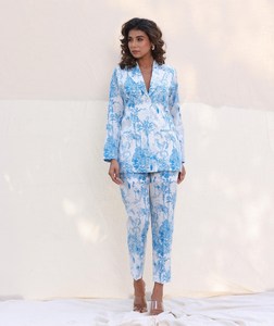 Printed Floral Casual Women's <b>Blazer</b> and Pants <b>Set</b> in Blue Cotton with Quick Dry Feature - Product Image 5