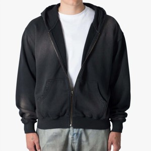 Veste d'hiver à la mode à la mode pour hommes, effet de décoloration, à capuche à épaules tombantes, brodée et lourde avec impression numérique - Product Image 2