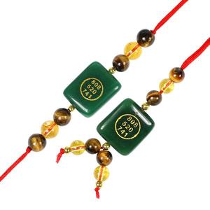 Ensemble Rakhi Lumba en pierres de cristal avec Citrine, Œil de tigre, Aventurine verte, Jade et Pièce Zibu pour Bhaiya Bhabhi - Product Image 1
