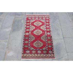 Turkish Vintage Rug, 2x3.8 ft Rug, <b>Red</b> White Ikat <b>Wool</b> Rug - Product Image 1