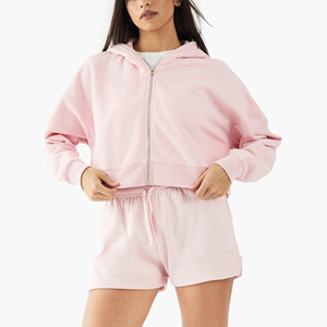 Summer casual wear oversize cropped zipper hoodie & cycling Short Set for Women 100% cotton 2 Piece women's short set - Product Image 4