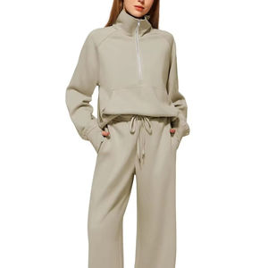 Nuevo Diseño con Cremallera, Chándales de Mujer de Alta Calidad con Encaje Bordado, 100% Algodón Felpa, Ropa Deportiva Urbana, Conjunto Largo de 2 Piezas, OEM - Product Image 2