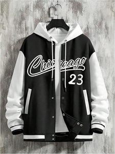 Men's Letter <b>Print</b> Varsity Jacket Slogan Graphic Button Down Coat Bomber Baseball Coat With Pockets. - Product Image 3