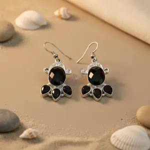 14k <b>Gold</b> and 925 Silver <b>Black</b> Onyx Drop <b>Earrings</b> with Diamond Wedding Gift Jewelry for Women - Product Image 3