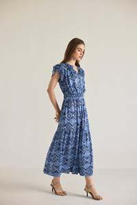 ชุดเดรสยาวใส่สบายสำหรับทั้งวันชุดเดรสตัวยาวพิมพ์ลายสีน้ำเงินเข้มเทคนิคการเดินผ้าทอย้อมสีล้วน - Product Image 5