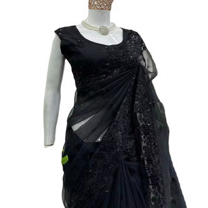 Saree de seda de organza de diseñador de estilo étnico indio con trabajo de secuencia de bordado a baja velocidad - Product Image 1