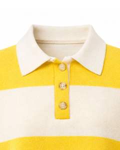 Customized Womens Yellow And <b>White</b> Striped <b>Cropped</b> Polo Sweater <b>Long</b> <b>Sleeve</b> Ribbed Hem Button Placket Casual Winter Knit <b>Top</b> - Product Image 5