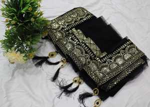 พรีเมี่ยมที่มีคุณภาพงานแต่งงานสวมใส่นุ่มสุทธิเย็บปักถักร้อยลำดับการทำงานสารีสีดำที่มีคุณภาพสูงอัตราต่ำช้อปปิ้งออนไลน์ - Product Image 3