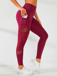 Wholesale Women's High Waist Yoga <b>Leggings</b> <b>Butt</b> <b>Lift</b> Black Mesh Sheer Sports Pants Custom Logo XL Size Seamless Pockets Stripes - Product Image 6