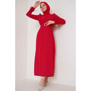 Vestido con cinturón y mangas Emplumadas, Rojo - Product Image 3