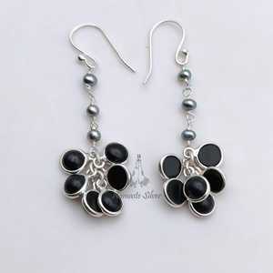 Black Onyx <b>Earrings</b> with Grey Pearl <b>Dangle</b>, Handmade 925 <b>Sterling</b> <b>Silver</b> - Product Image 6