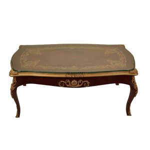 Table basse rectangulaire de luxe avec plateau en verre transparent et accents en laiton doré orné pour une décoration élégante et classique du salon - Product Image 1