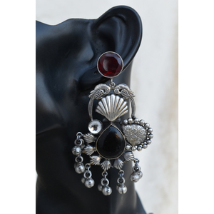 Boucles d'oreilles créoles Jhumka grandes, en laiton aspect argenté, nouveau design, faites à la main, avec pierres traditionnelles, pour filles et femmes - Product Image 3