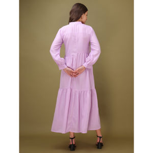 Purvaja Solid Ruffle Fit & Flare Maxi Dress para mujer, mezcla de algodón, mangas abullonadas completas, cuello en V, diseño acampanado escalonado - Product Image 4