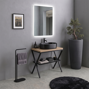 Mobile bagno da terra Koricini Manchester 60 cm con supporto in metallo, piano in rovere naturale e specchio LED - Product Image 2