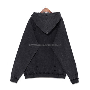 Sweat à capuche zippé pour homme de haute qualité, personnalisé, en gros, lourd, lavage intensif et effet délavé, avec trous - Product Image 4