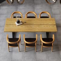 Table à manger industrielle naturelle pour 6 personnes, table de cuisine rectangulaire en bois de teck avec pieds en métal