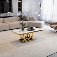 Ensemble de tables basses modernes de luxe en acier inoxydable doré pour salon, mobilier de maison avec plateau en pierre frittée marbrée claire