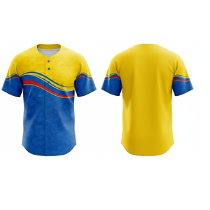 Uniforme de baseball d'équipe personnalisé le plus vendu |   Combinaison de couleur jaune et bleu royal sublimée avec une vague rouge, boutons sur toute la longueur et pantalon - Product Image 2