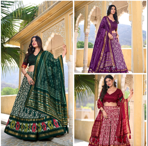 ชุด lehenga choli พิมพ์ลาย ikkat ผ้าไหมทัสซาร์พร้อมงานฟอยล์ gotta patti dupatta และสามารถเย็บสำหรับสวมใส่ในงานแต่งงาน - Product Image 6