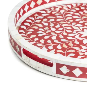 Round Red Inlay Kitchen Serving and <b>Storage</b> <b>Tray</b> with Floral Pattern Bone 4cm Easy to Clean Modern Design Polished Finish - Product Image 3