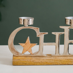 Christmas Metal Text And <b>Stars</b> T-<b>light</b> Holder with Wood Base For Christmas Gifting & Decor - Product Image 4