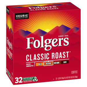 Café Folgers Classic Roast, Tueste Medio, Cápsulas K-Cup para Cafeteras Keurig, Paquete de 32 - Product Image 1